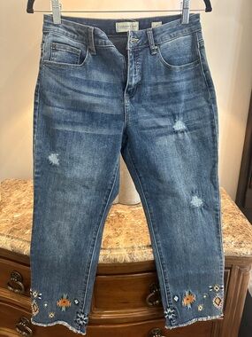 Coldwater Creek Women's Distressed Cropped Embroidered Hem Jeans - Blue
